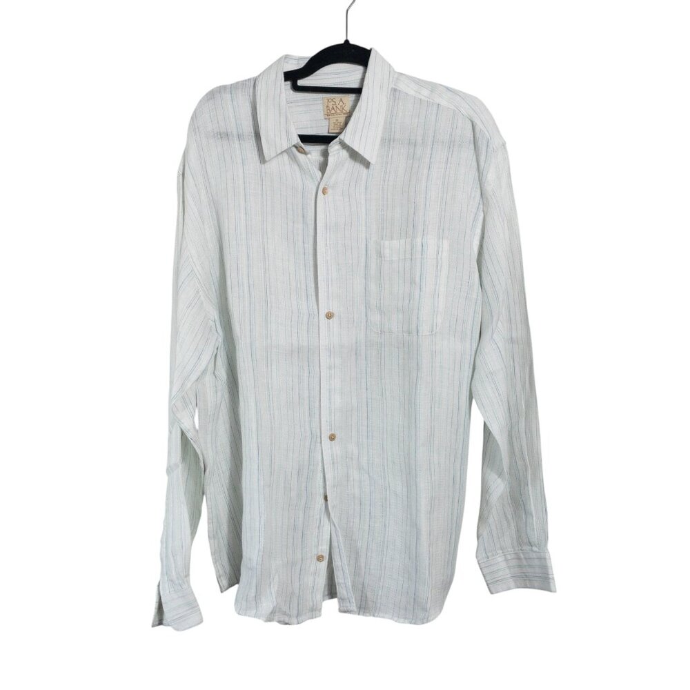 Jos A Bank Blue White Striped Linen Long Sleeve Button Down SZ XL Collared